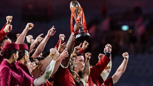<p>British &amp; Irish Lions captain Maro Itoje lifts the trophy. Pic: Steve Christo/Sportsfile</p>