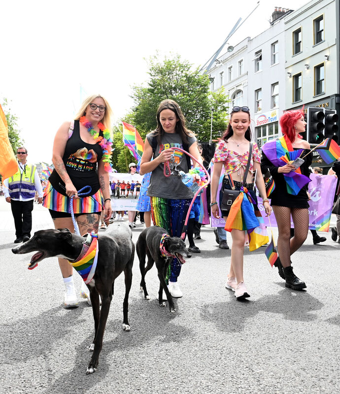  Margarita O'Regan and Emma Clifford walking their dogs at the 2025 Cork Pride Parade on Sunday.