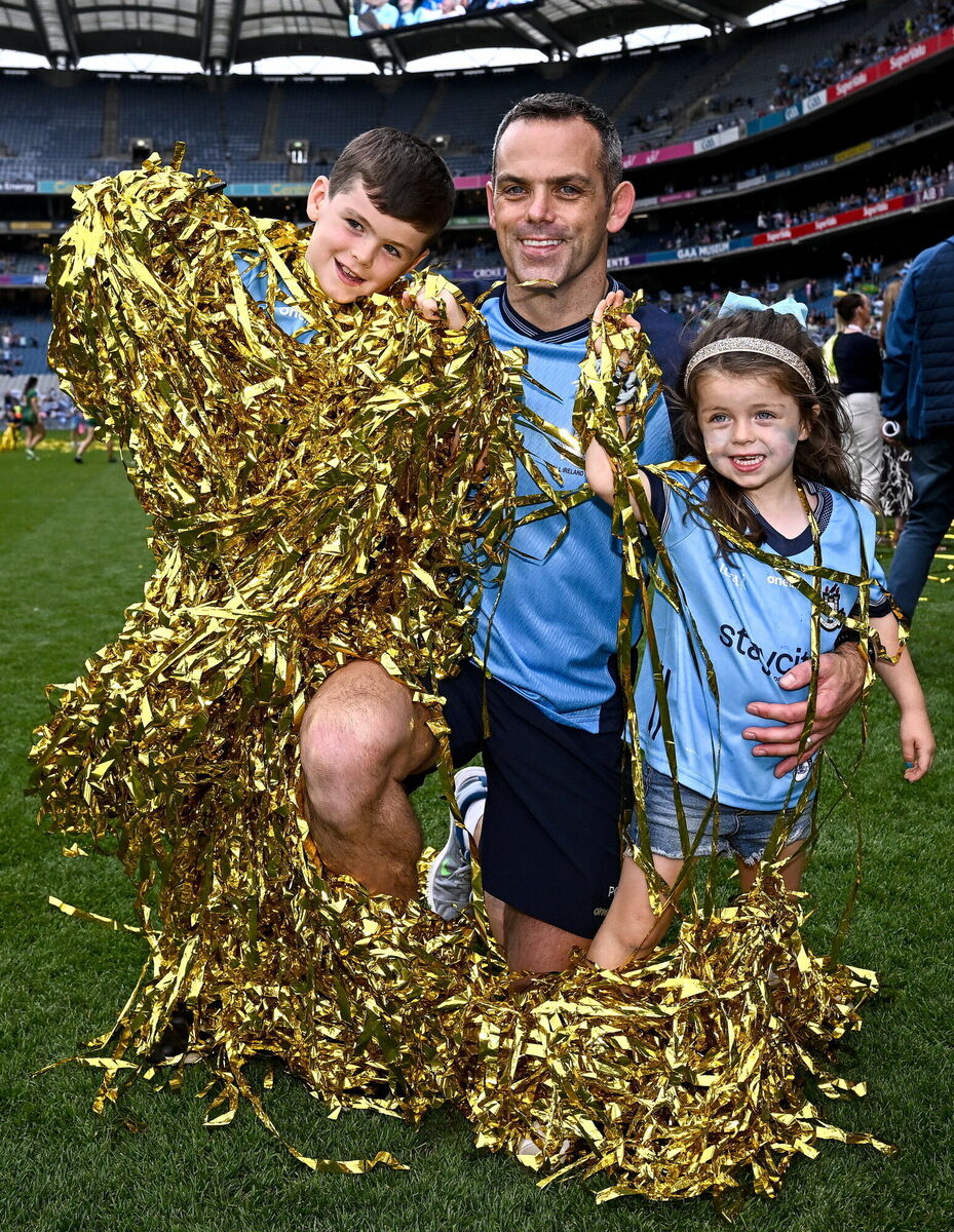 Dublin joint manager Paul Casey celebrates with his children Luke, age seven, and Lucy, age 4. Pic: Seb Daly/Sportsfile.