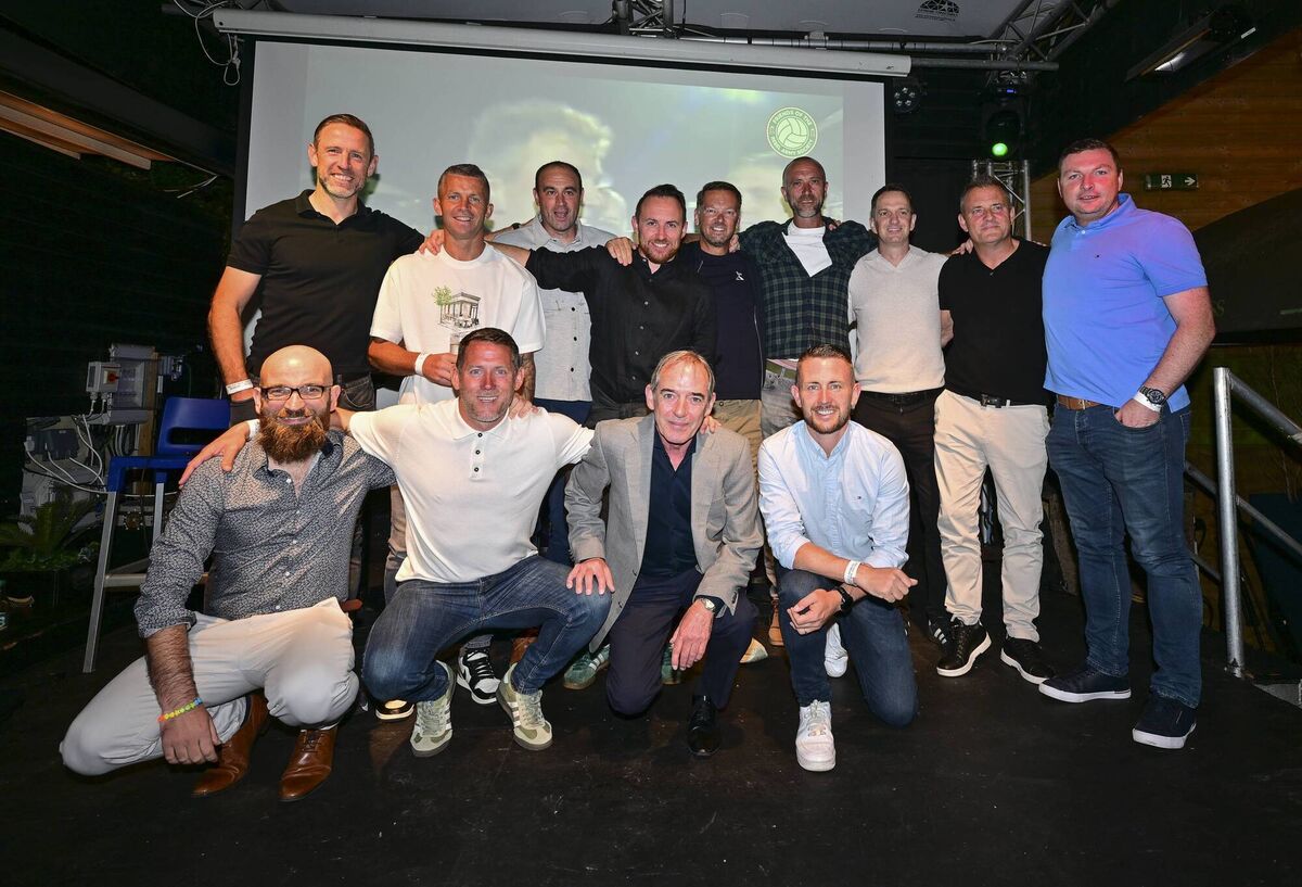 Members of Cork City FC's title winning squad of 2005 at their reunion, along with MC Ruairi O'Hagen and then chairman Brian Lennox. Pic: Doug Minihane Members of Cork City FC's title winning squad of 2005 at their reunion, along with MC Ruairi O'Hagen and then chairman Brian Lennox. Pic: Doug Minihane