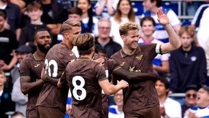 <p>AYE AYE CAPTAIN: Brentford's Nathan Collins celebrates after scoring against QPR. Pic: John Walton/PA Wire.</p>