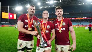 <p>British and Irish Lions' Tadhg Beirne (left), Ben Earl (centre) and Tom Curry celebrate with the trophy. Pic: David Davies/PA Wire.</p>