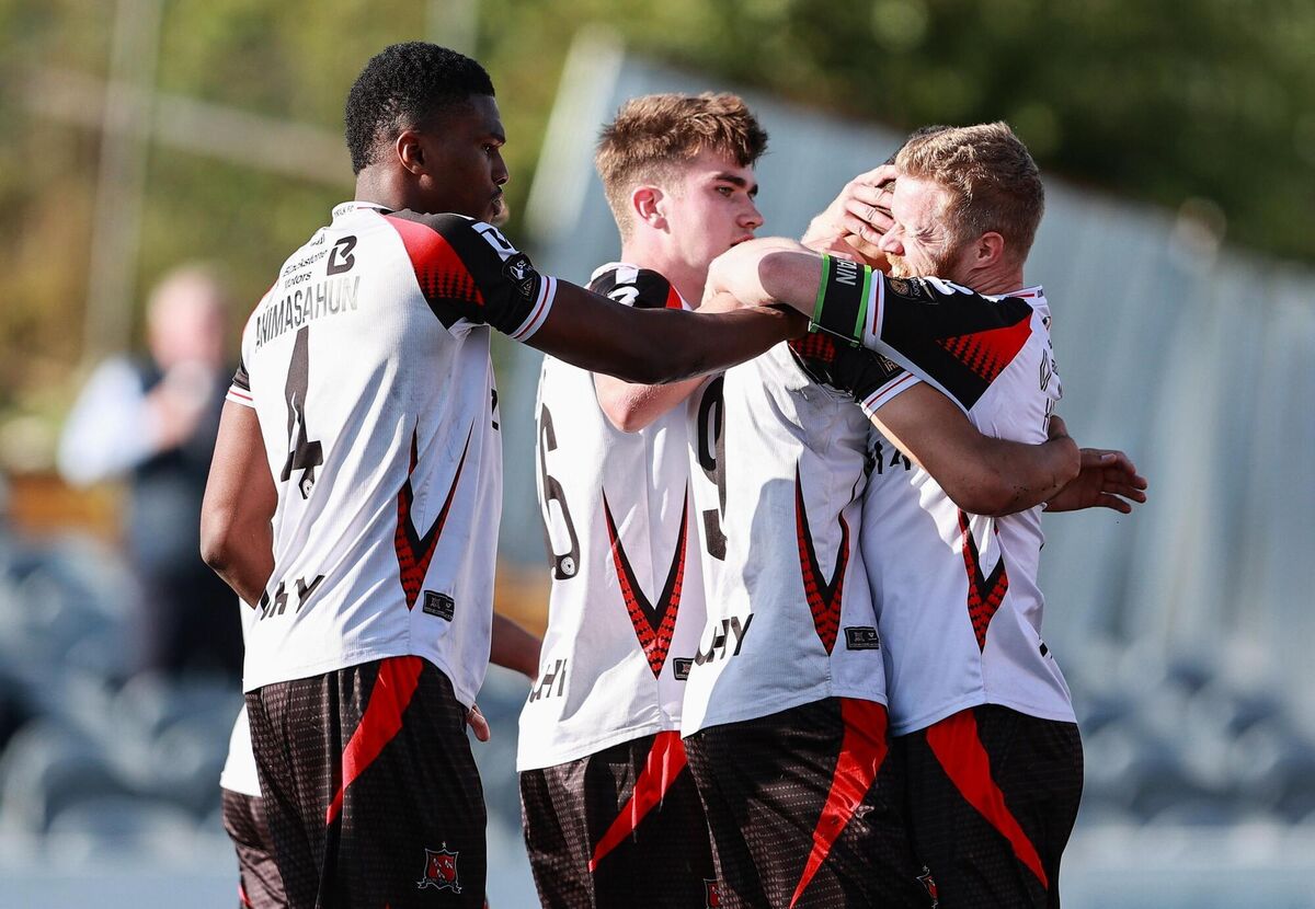 Dean Ebbe, second from right, celebrates with teammates, from left, Mayowa Animasahun, Eoin Kenny, and Daryl Horgan after scoring. Picture: Thomas Flinkow/Sportsfile Dean Ebbe, second from right, celebrates with teammates, from left, Mayowa Animasahun, Eoin Kenny, and Daryl Horgan after scoring. Picture: Thomas Flinkow/Sportsfile