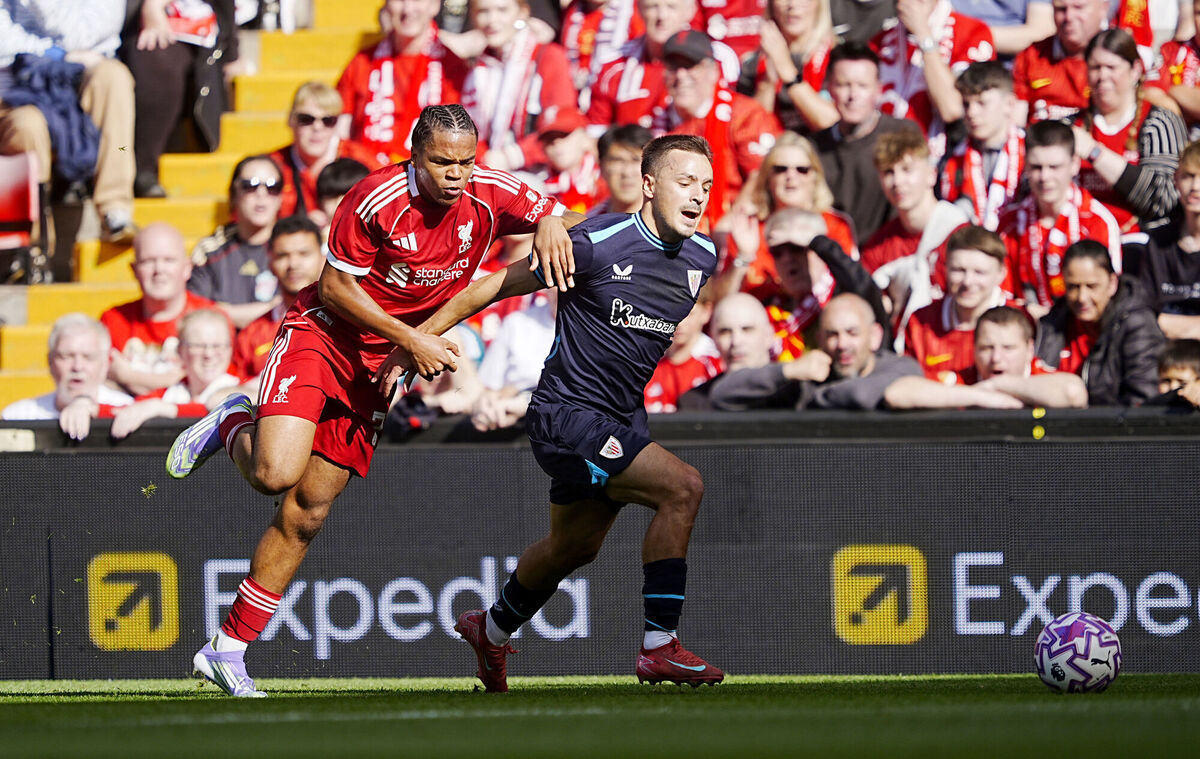Liverpool's Rio Ngumoha (left) and Athletic Bilbao's Andoni Gorosabel during the pre-season friendly match at Anfield, Liverpool. Pic: Peter Byrne/PA Wire.