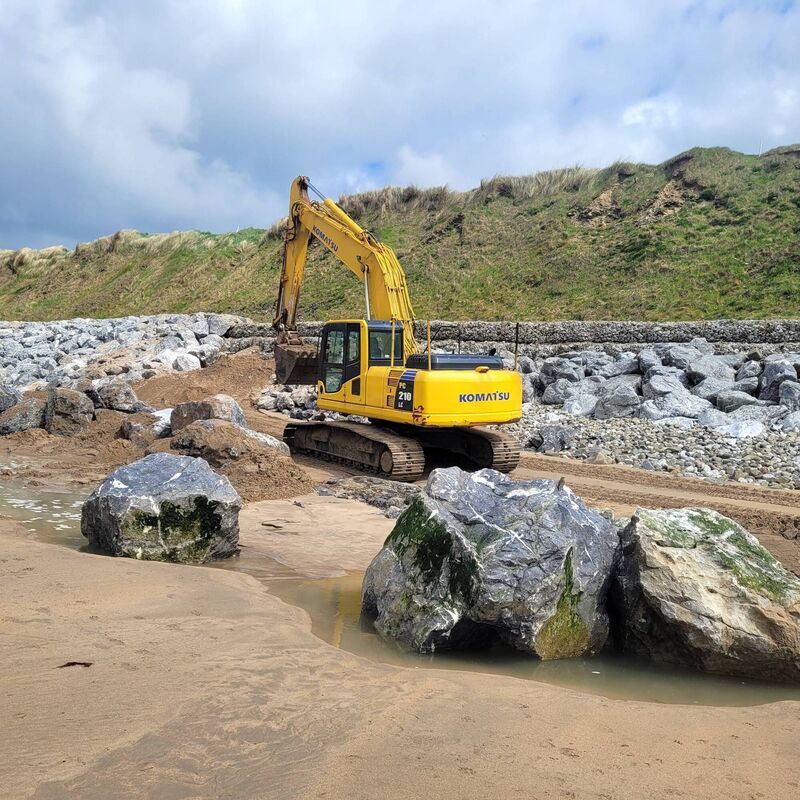 Rock armour and gabion basket protection work at Ballybunion beach near the golf course coastline. Rock armour and gabion basket protection work at Ballybunion beach near the golf course coastline.