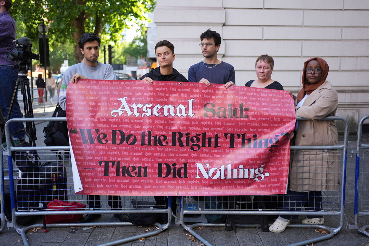 People from Arsenal Supporters Against Sexual Violence outside the Court. Picture: Yui Mok/PA Wire People from Arsenal Supporters Against Sexual Violence outside the Court. Picture: Yui Mok/PA Wire