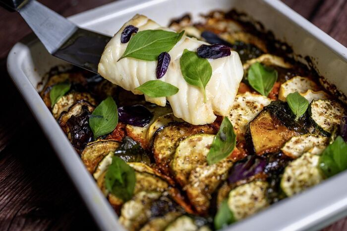 Baked cod with ratatouille