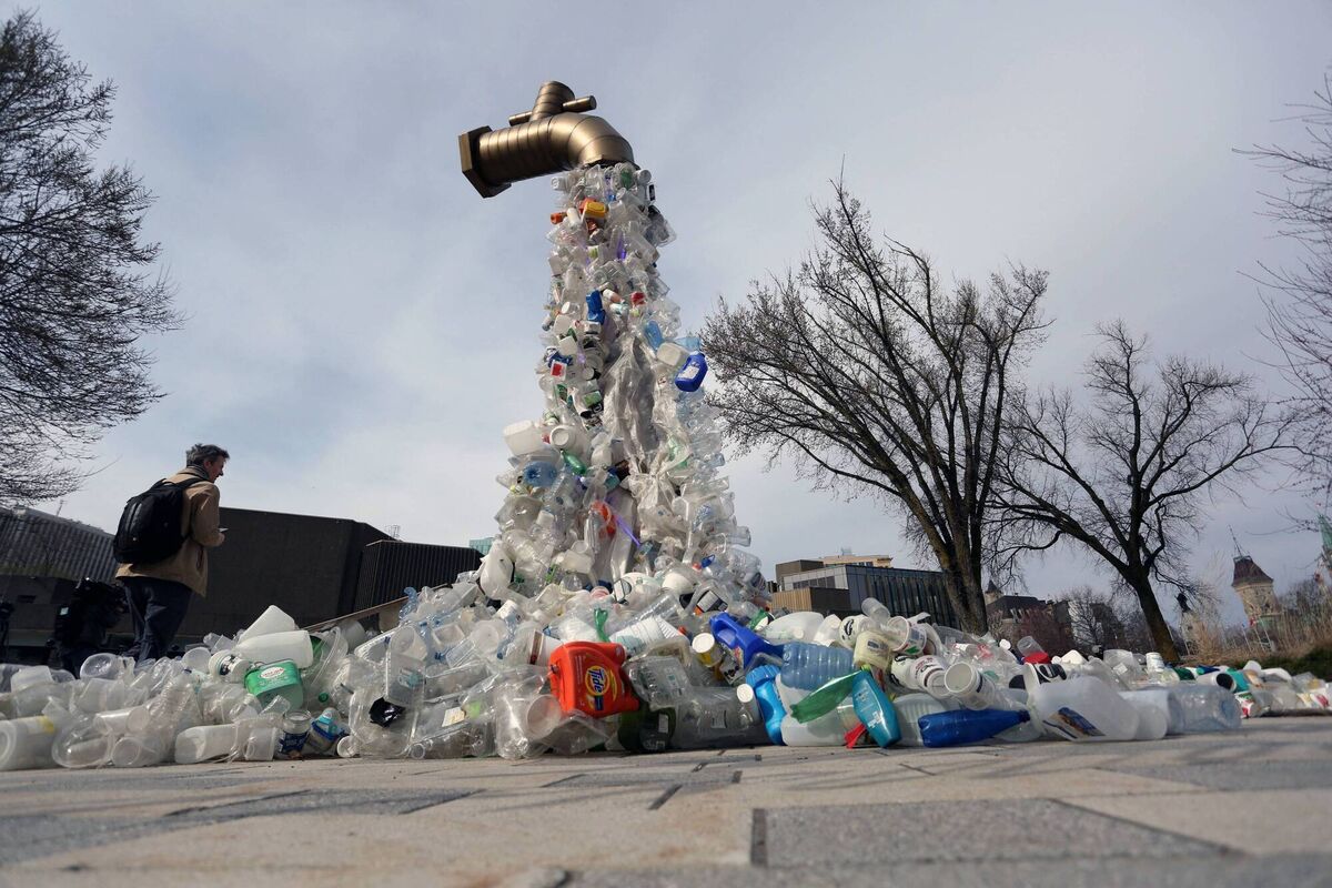 'Giant Plastic Tap' sculpture by Canadian artist Benjamin Von Wong displayed outside the fourth session of the UN Intergovernmental Negotiating Committee on Plastic Pollution in Ottawa, Canada, on April 23, 2024. Picture: Dave Chan / AFP