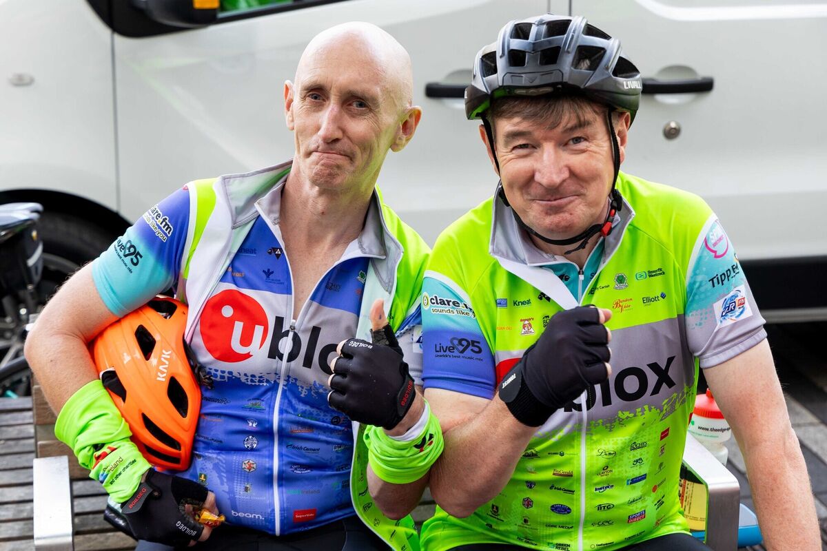 Noel Day (left) from Glanmire, and Ger Brickley (right) from Blarney at the official start of the 25th annual Tour de Munster, marking the cycle’s silver anniversary in aid of Down Syndrome Ireland Munster branches. Picture: Michael O'Sullivan / OSM PHOTO