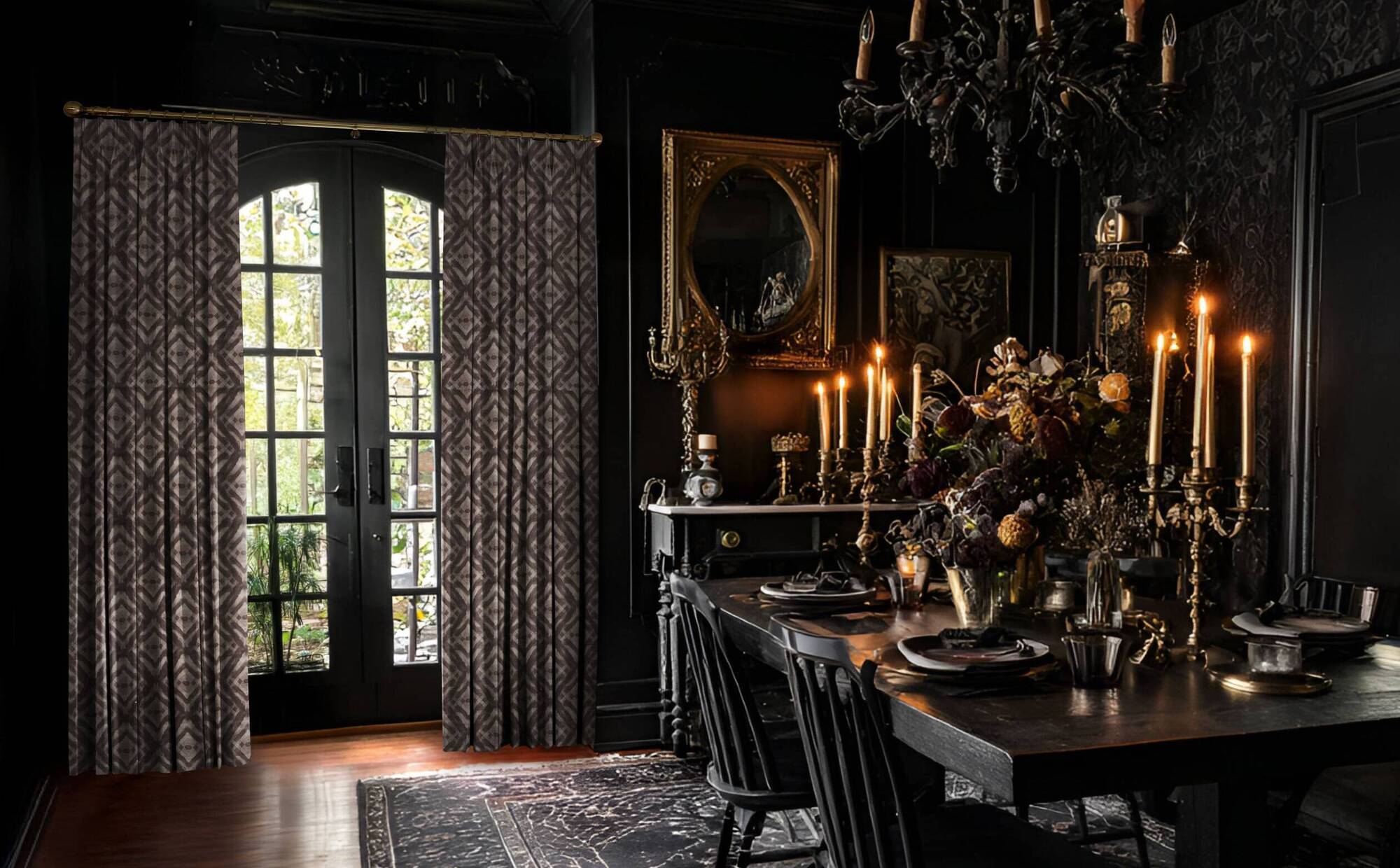 Dark drapery is both functional for keeping out light and plays to the Addamscore look; Hillary’s Harkness Vapour pencil pleat curtains, from €192, Hillarys.