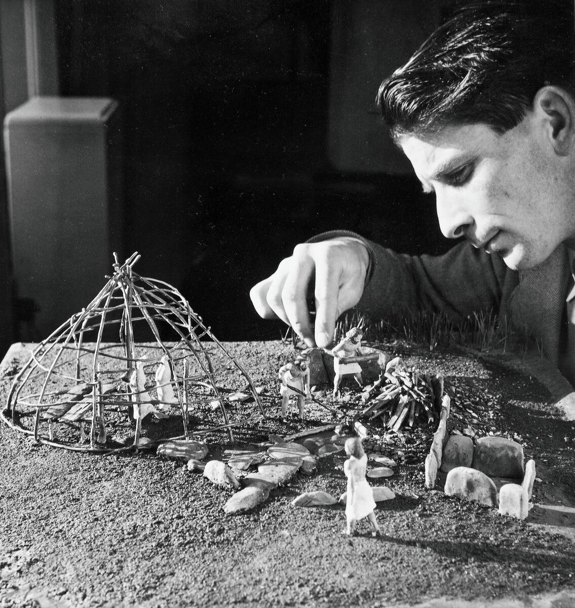 Edward Fahy building a site model of Carrigilihy, Co Cork, for Cork Public Museum in the 1950s.