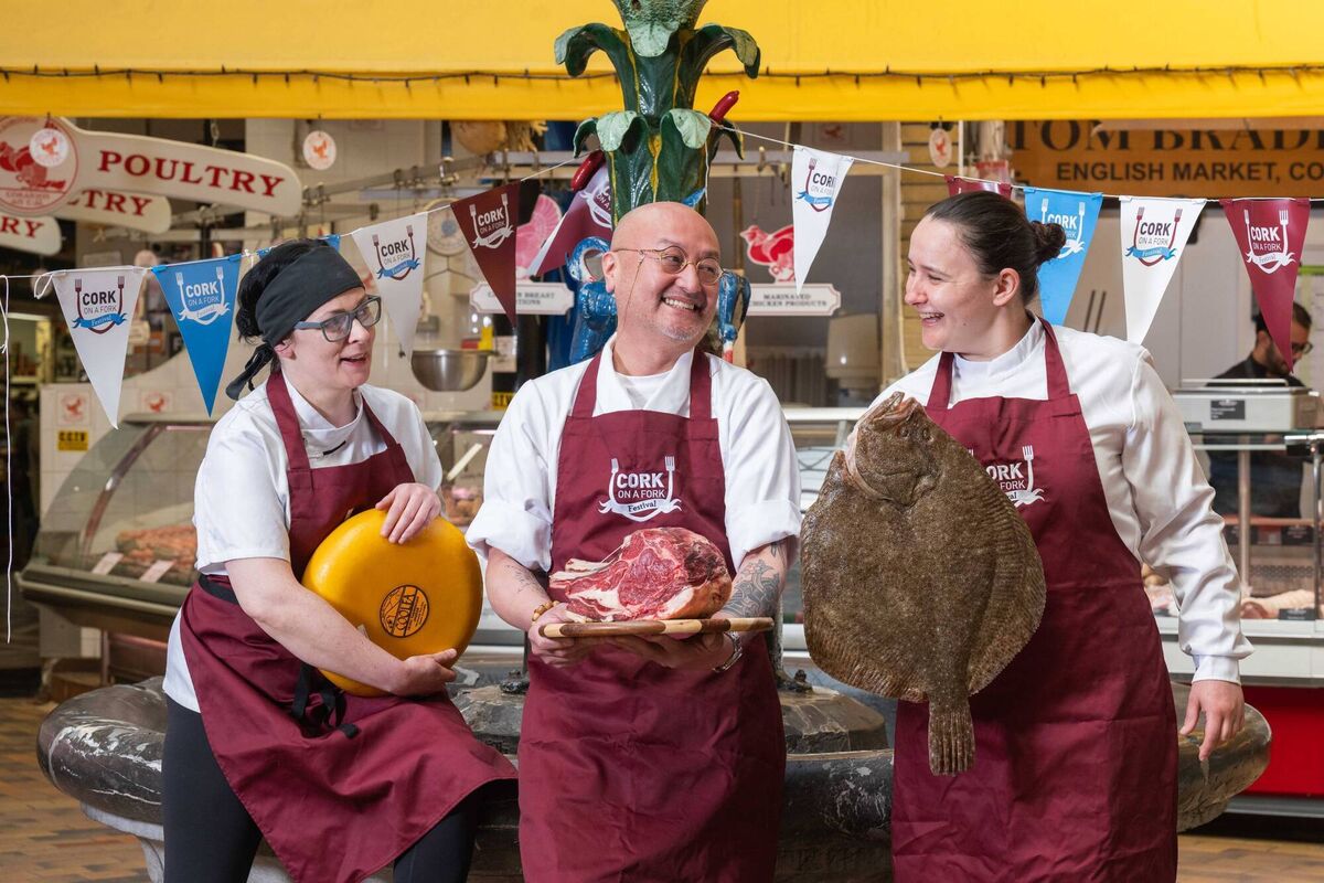 Cork chefs Pamela Kelly (Farmgate Café), Takashi Miyazaki (Ichigo Ichie &amp; Miyazaki), and Aishling Moore (Goldie) at the launch of Cork on a Fork Fest in The English Market.