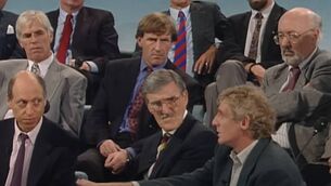 <p>ON THE LINE: Eamon Dunphy makes his case, alongside Jimmy Hill, in the 1993 debate at at the BBC. </p>