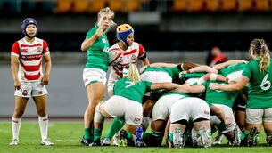<p>NEW MOUTHGUARDS:  Ireland's Ailsa Hughes prepares to put the ball into a scrum during the Women's Rugby Summer Tour against Japan in August 2022. Pic: Sportsfile</p>