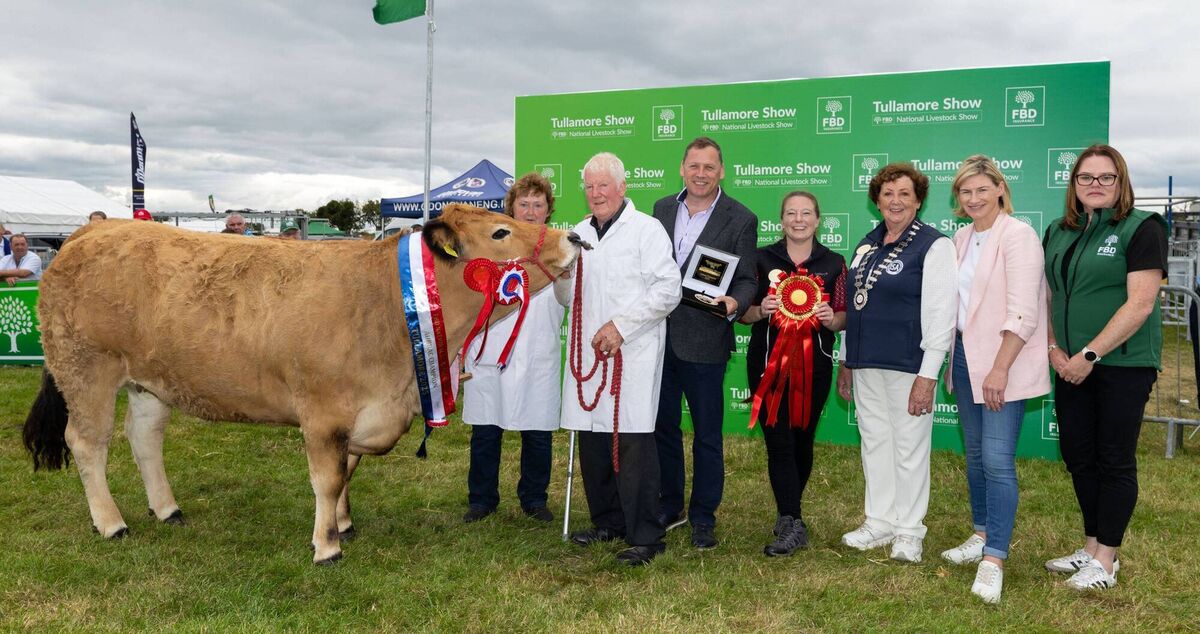 The champion Aubrac owned and shown by Leo Dooley and Bridget Barron from Bunclody, Co Wexford, with MEP Barry Cowen; Aisling Molloy, Tullamore Show; Freda Kinnarney, ISA president; Nina Carberry MEP and Amanda Dunne from FBD at the Tullamore Show. Picture: Alf Harvey