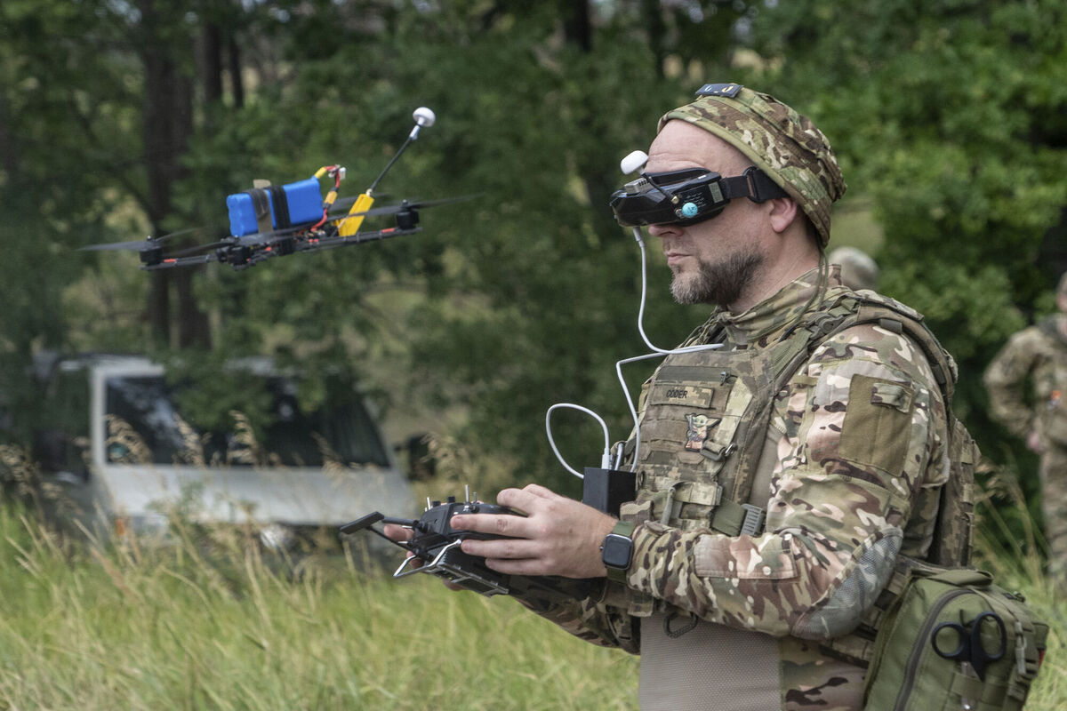 A Ukrainian serviceman of 57th motorised brigade controls an FPV drone at the frontline in Kharkiv region. File picture: Andrii Marienko/AP