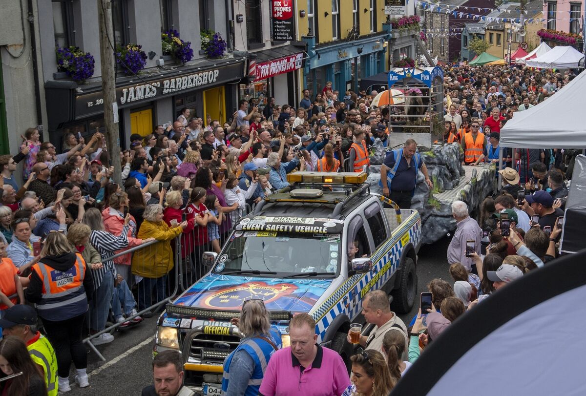  The scenes last Sunday in Killorglin as a wild mountain goat was paraded through the town ahead of his coronation as King Puck by Robyn O'Shea, Queen of Puck Fair, on ‘Gathering Day’. Picture: Don MacMonagle 