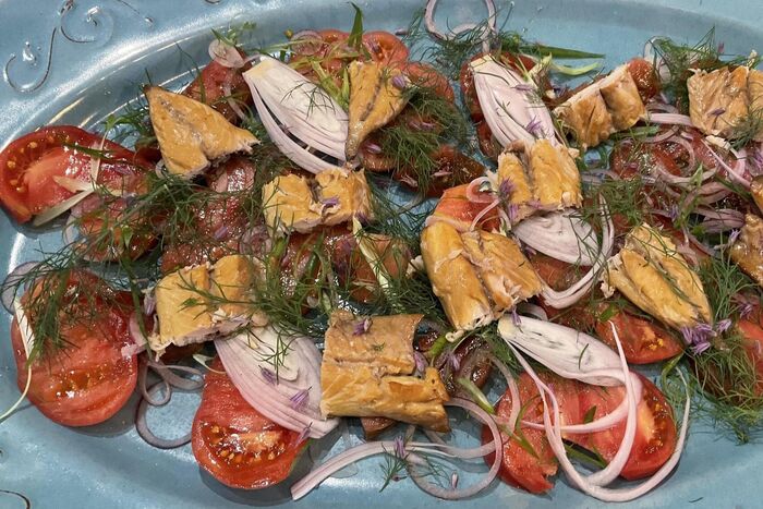Warm Smoked Mackerel with Heritage Beef Tomatoes, Red Onion and Dill