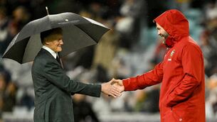 <p>Joe Schmidt, left, and British &amp; Irish Lions head coach Andy Farrell shake hands before the third test match at Accor Stadium in Sydney. File picture: Brendan Moran/Sportsfile</p>