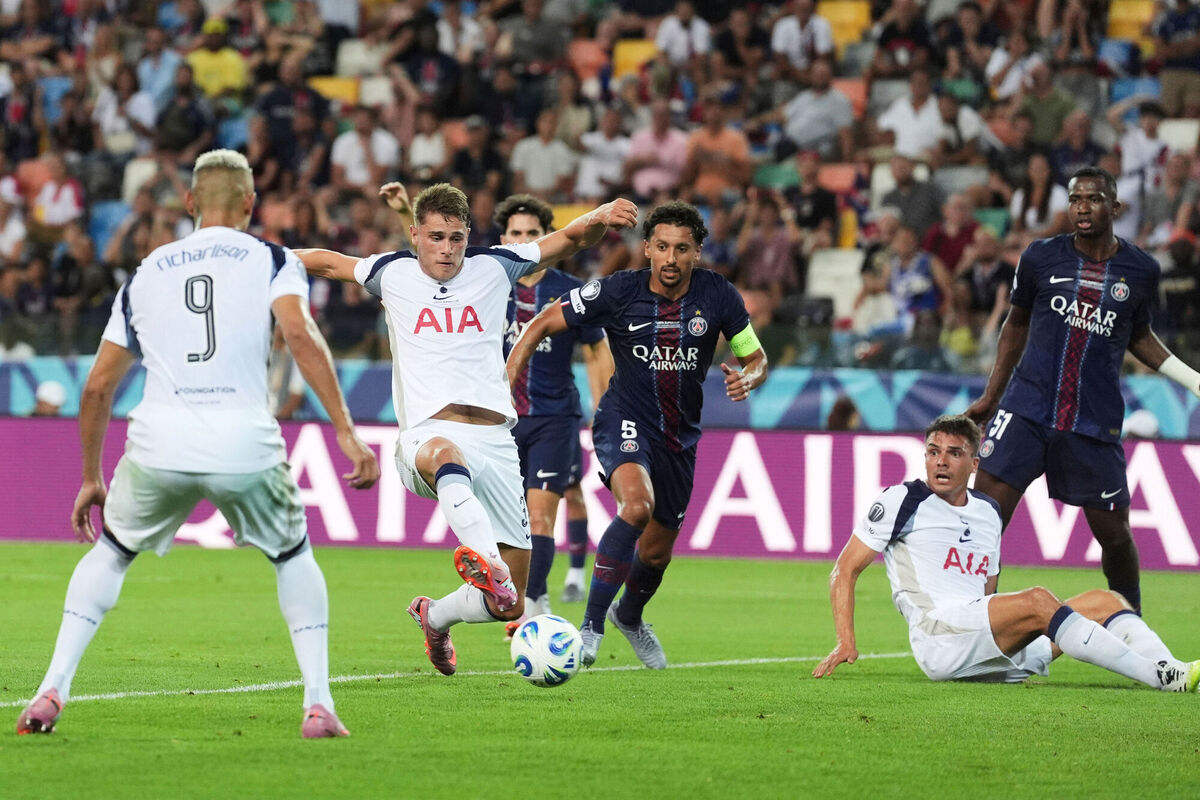 Tottenham's Micky van de Ven, second from left, scores from close range. Picture: Massimo Paolone/AP