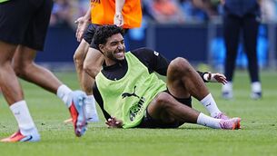 <p>I GET KNOCKED DOWN... Manchester City's Omar Marmoush during training session at the City Football Academy. Pic: Peter Byrne/PA Wire.</p>
