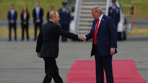 <p>Russian President Vladimir Putin and US President Donald Trump shake hands at the Joint Base Elmendorf-Richardson in Anchorage ahead of their talks on Friday. Picture AP Photo/Julia Demaree Nikhinson</p>