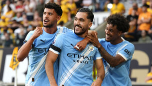 Rayan Cherki (centre) celebrates scoring Manchester City’s fourth goal (Nick Potts/PA)