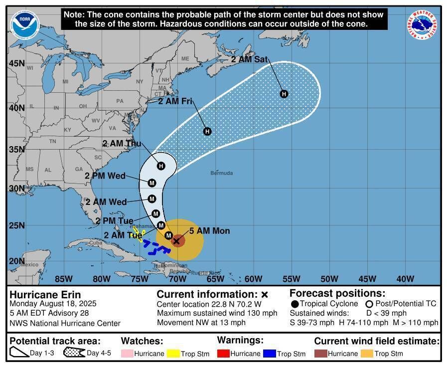Hurricane Erin projection - Picture: National Hurricane Center Hurricane Erin projection - Picture: National Hurricane Center
