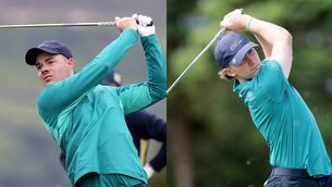 <p>Stuart Grehan and Gavin Tiernan in action on the opening day of the European Amateur Team Championship at Killarney Golf &amp; Fishing Club. (Inpho Sports Photography / Laszlo Geczo</p>