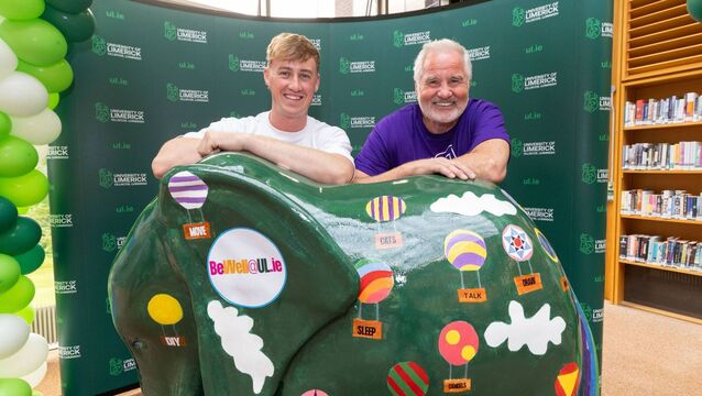 <p>UL graduate and Paralympian Tiarnán O'Donnell and Brent Pope with the elephant sculpture in the university's Glucksman Library. Picture: Alan Place</p>