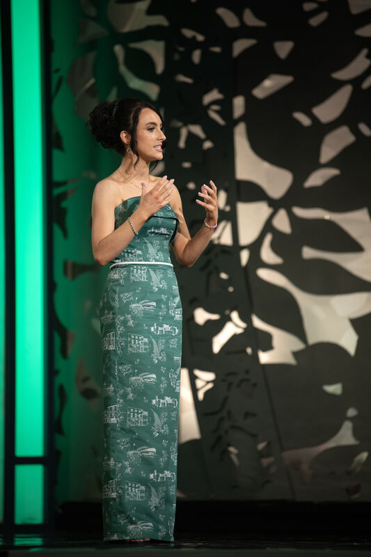 The green and white dress illustrated Ms O’Sullivan’s play on a Toile de Jouy by displaying some of the designer’s favourite spots in Limerick city. Photo: Domnick Walsh © Eye Focus LTD