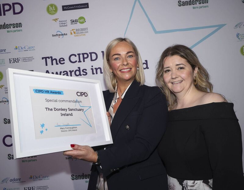 Emotional and mental well-being practitioner Tina Symington (left) and people team operations manager Johanne Nevin accepted a Special Commendation for Donkey Sanctuary Ireland at the CIPD Ireland HR Awards ceremony in Dublin. Picture by Chris Bellew, Fennell Photography