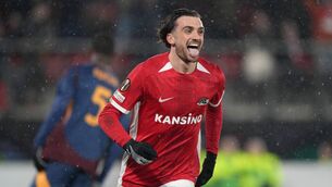 <p>Troy Parrott celebrates scoring for AZ Alkmaar. Pic: Alex Bierens de Haan/Getty Images </p>