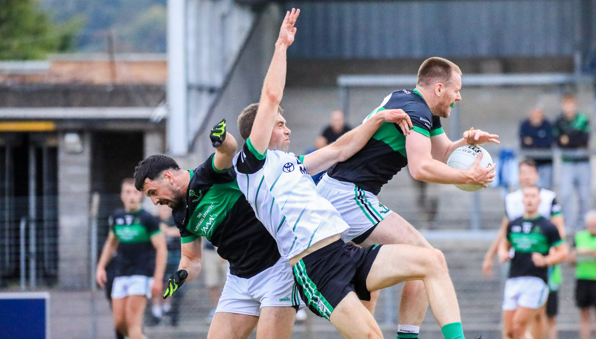 Nemo's Alan O'Donovan takes the dropping ball from Douglas player Kevin Shanahan. Pic: David Creedon
