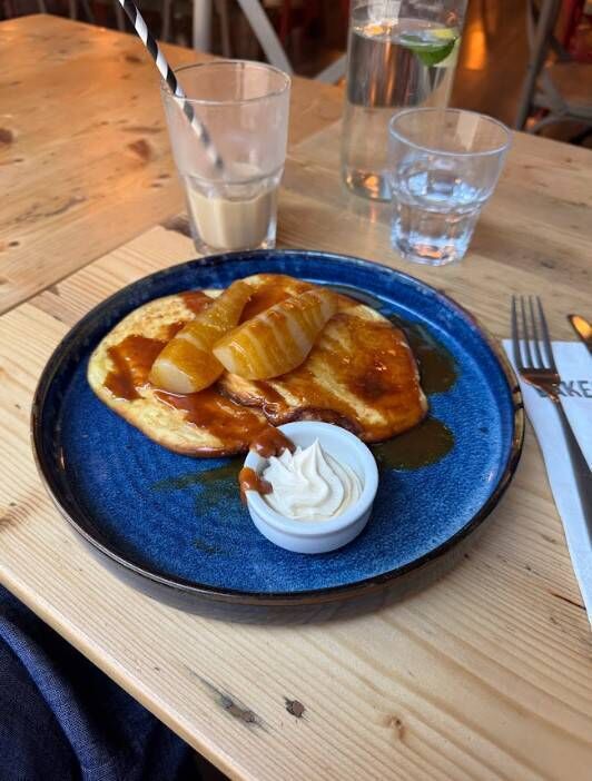 One of the pancake offerings at Bakestone Café - poached pear and salted caramel sauce. One of the pancake offerings at Bakestone Café - poached pear and salted caramel sauce.