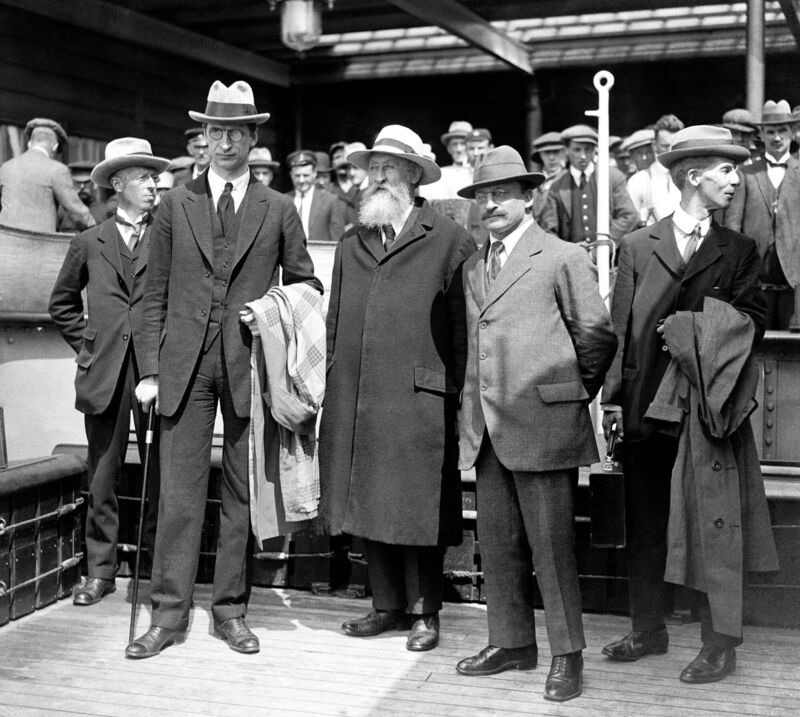 Éamon de Valera, second left, with RC Barton, George Plunkett, Arthur Griffith, and Austin Stack on board the boat at Holyhead as they return to Ireland in December 1921 after successful talks with the British government on the formation of an Irish Free State. File picture: PA
Éamon de Valera, second left, with RC Barton, George Plunkett, Arthur Griffith, and Austin Stack on board the boat at Holyhead as they return to Ireland in December 1921 after successful talks with the British government on the formation of an Irish Free State. File picture: PA
