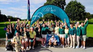 <p>Douglas and their supporters celebrate after last year's victory at the AIG Women's Senior Cup in Carlow. Pic: Thos Caffrey / Golffile.</p>