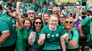 <p>Ireland's Sam Monaghan celebrates with her family and friends after the game. Pic: Ben Brady/Inpho</p>