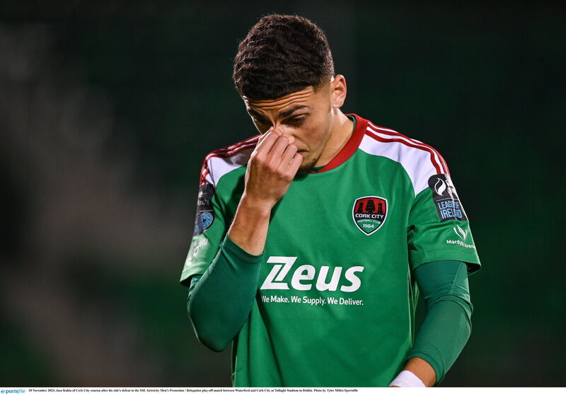 Jaze Kabia after Cork City's defeat in the SSE Airtricity Men's Promotion / Relegation play-off. Pic: Tyler Miller/Sportsfile Jaze Kabia after Cork City's defeat in the SSE Airtricity Men's Promotion / Relegation play-off. Pic: Tyler Miller/Sportsfile