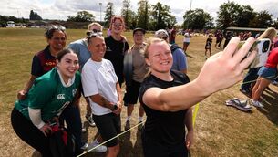 <p>Aoife Wafer takes a selfie with fans from Towcestrians rugby club. Pic: ©INPHO/Ben Brady.</p>