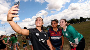 <p>Amee-Leigh Costigan takes a selfie with fans from Towcestrians rugby club at an Ireland open rraining session at Towcestrians Sports Club, Northampton. Pic ©INPHO/Ben Brady</p>