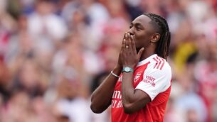 <p>New Arsenal player Eberechi Eze is introduced to the fans. Pic: John Walton/PA Wire.</p>