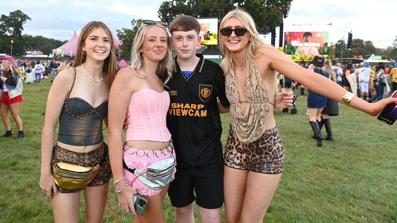  Young music fans Chloe O'Riordan, Millie Maye, Daniel Rogers, and Ella Murphy enjoying Chappell Roan performing on the main stage at Electric Picnic on Friday. Picture: Larry Cummins