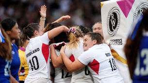 <p>England's Mackenzie Carson celebrates with her teammates. </p>