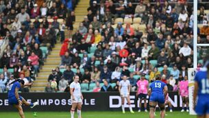 <p>Samoa's fly half Harmony Vatau kicks a penalty to score Samoa's first World Cup points in 11 years. Pic: GLYN KIRK/AFP via Getty Images</p>