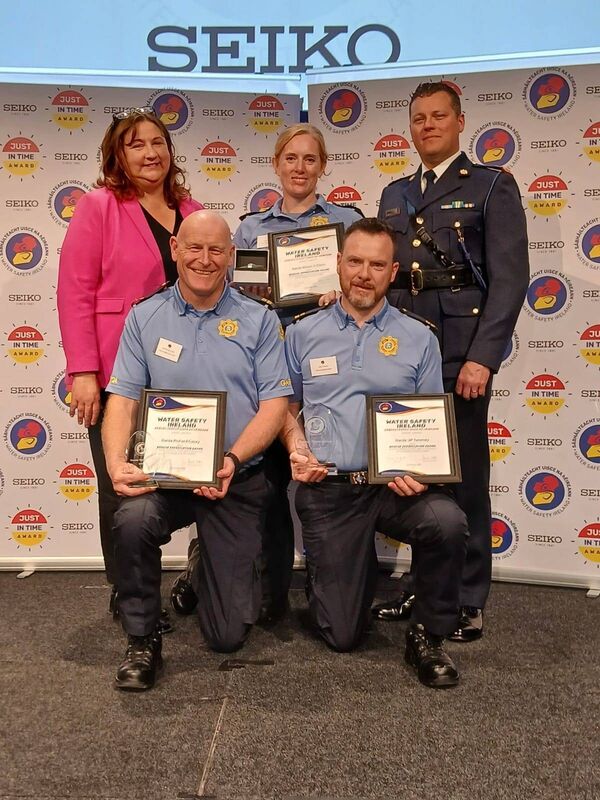 Cork gardaí Richard Casey, Clonakilty; Alison O'Flynn, Mayfield; and JP Twomey, Glanmire, received Water Safety Ireland awards from then junior minister Anne Rabbitte and Superintendent Brian Halligan in 2024. On January 1 that year, the three gardaí intervened when alerted to a woman in distress in the River Lee and saved her from drowning. Picture: An Garda Síochána Cork
