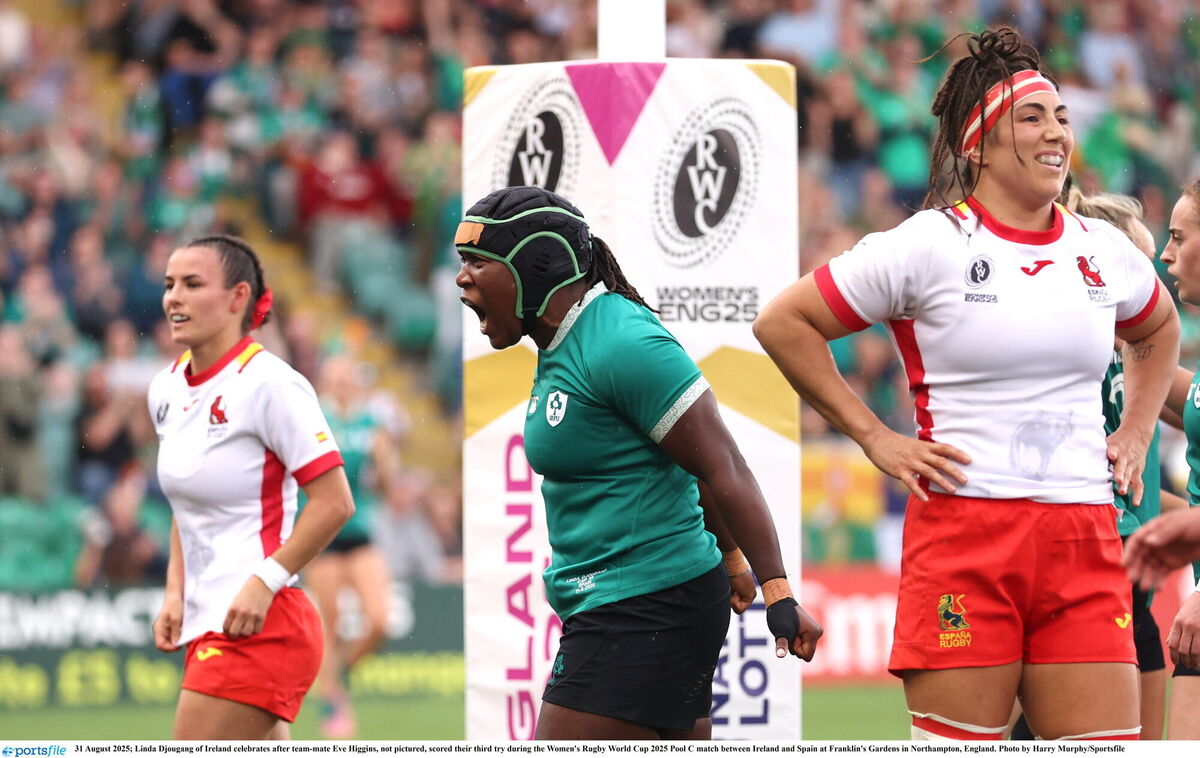  Linda Djougang of Ireland celebrates after team-mate Eve Higgins scored a try. Pic: Harry Murphy/Sportsfil