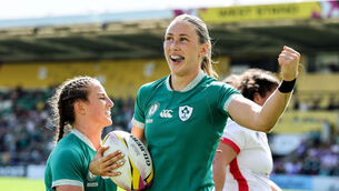 <p>Ireland's Anna McGann celebrates with Emily Lane after scoring her side's seventh try in the Women's Rugby World Cup against Spain. Pic: ©INPHO/Dan Sheridan</p>