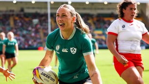<p>BONUS POINT WIN: Ireland's  Anna McGann celebrates after scoring Ireland's seventh try. Pic: Harry Murphy/Sportsfile</p>