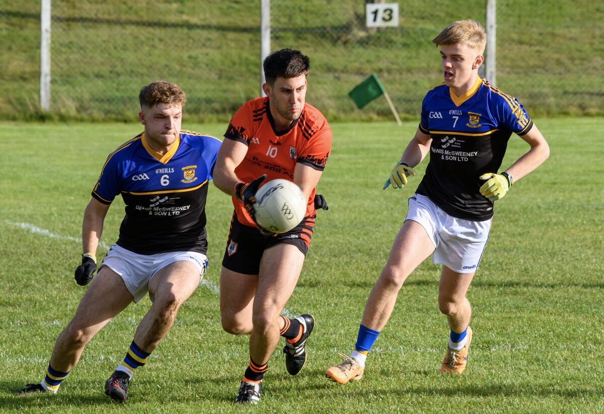 Alan Kelleher, St Colum’s under pressure from Ahán Gaels players Conor O'Sullivan and Eoin Mangan in the Clóna Milk Carbery U21B FC final at Drimoleague, Co Cork. Picture Dan Linehan